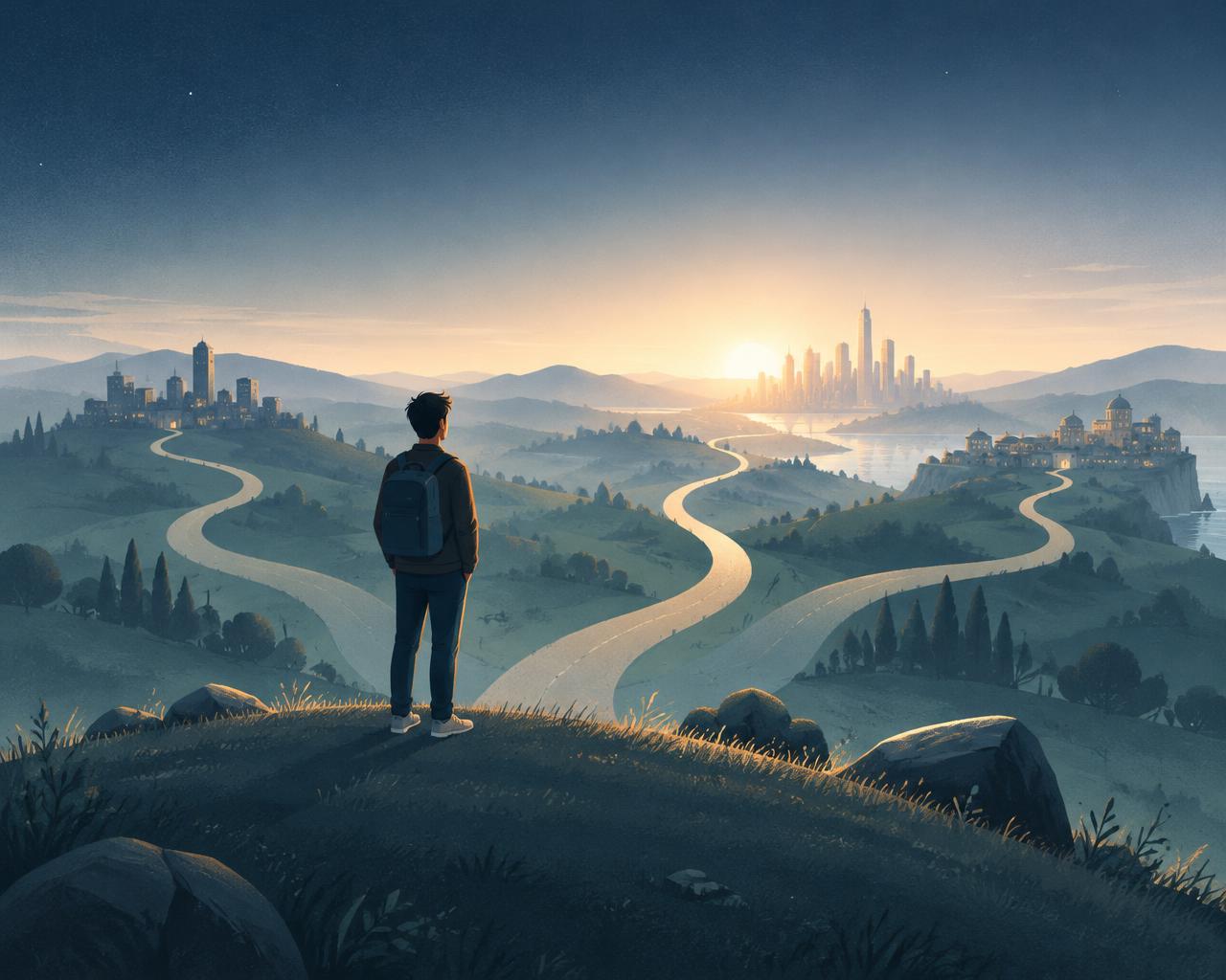Diverging paths toward distant cities at dawn